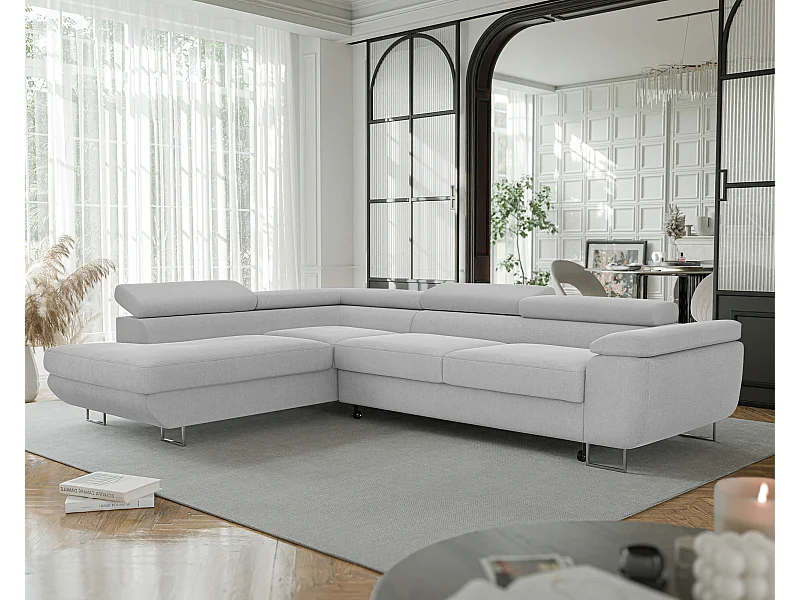Canapé d'angle gauche convertible en tissu gris clair
