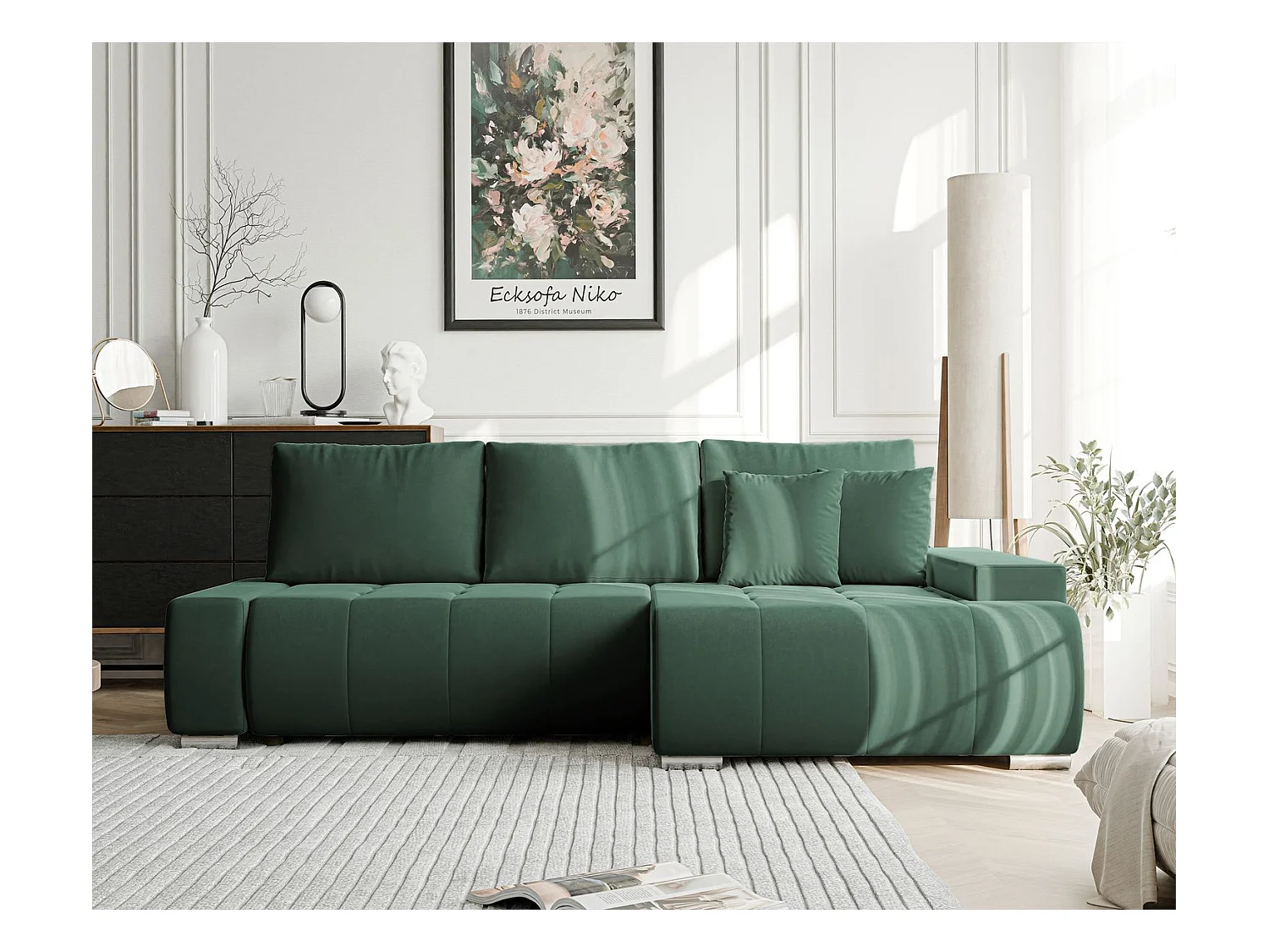 Canapé d'angle droit convertible en velours, vert bouteille