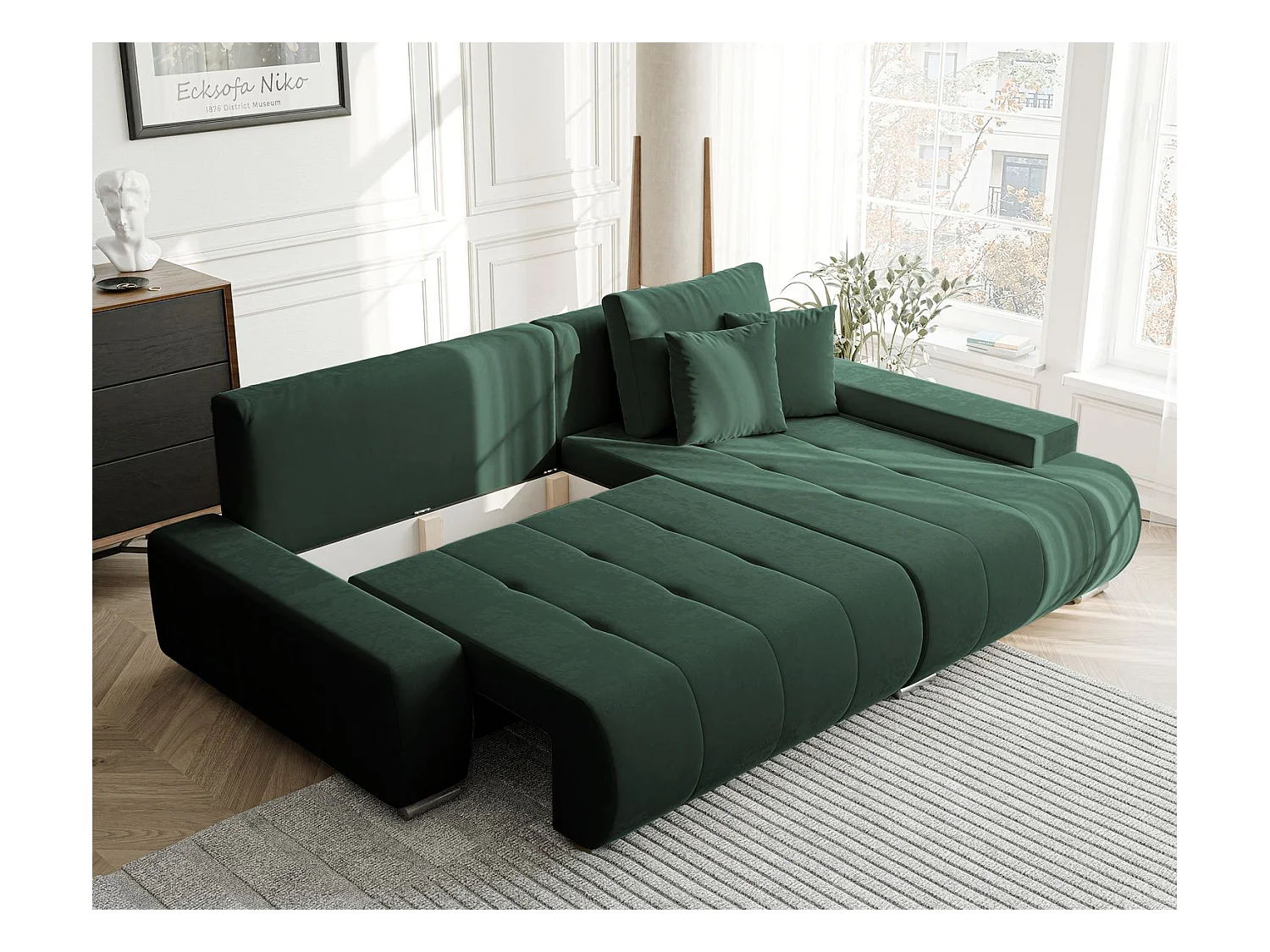 Canapé d'angle droit convertible en velours, vert bouteille