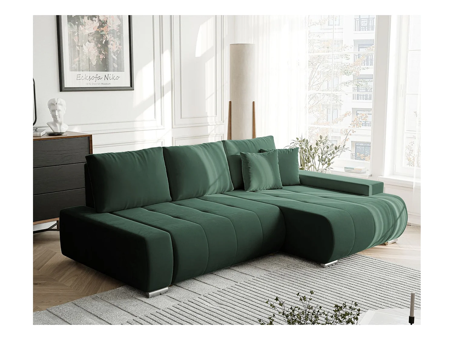 Canapé d'angle droit convertible en velours, vert bouteille
