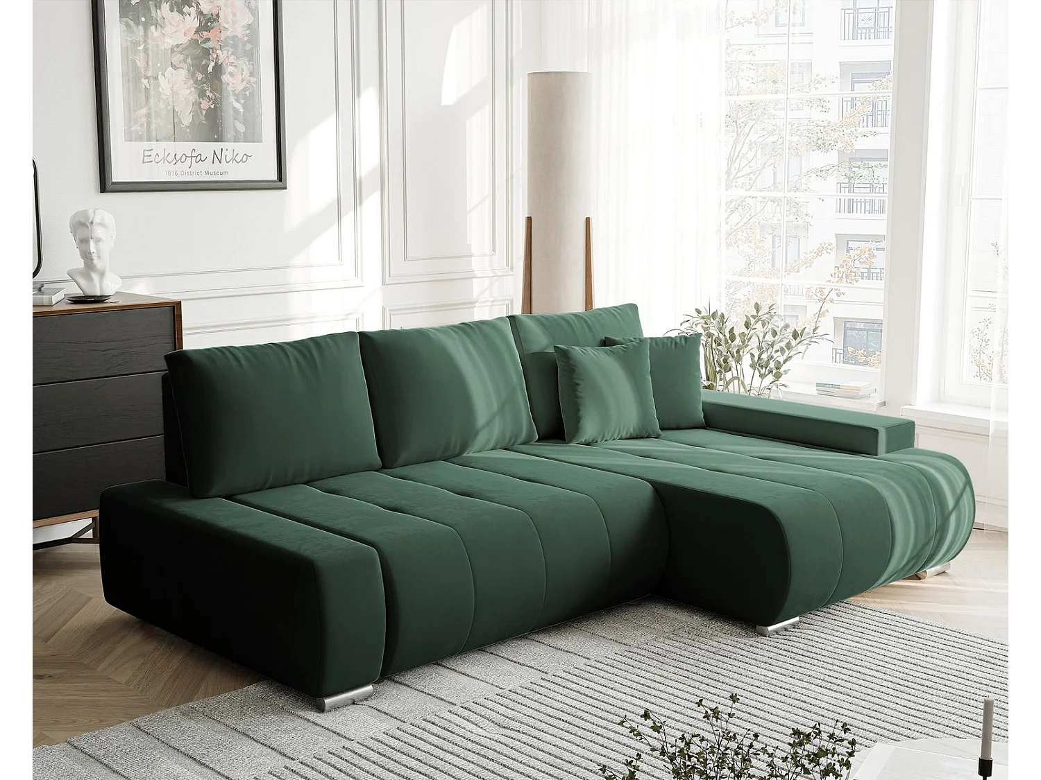 Canapé d'angle droit convertible en velours, vert bouteille