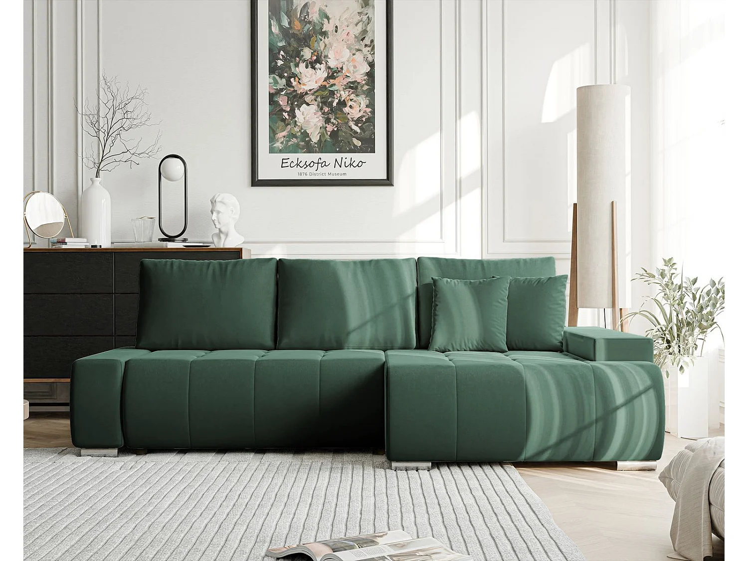 Canapé d'angle droit convertible en velours, vert bouteille