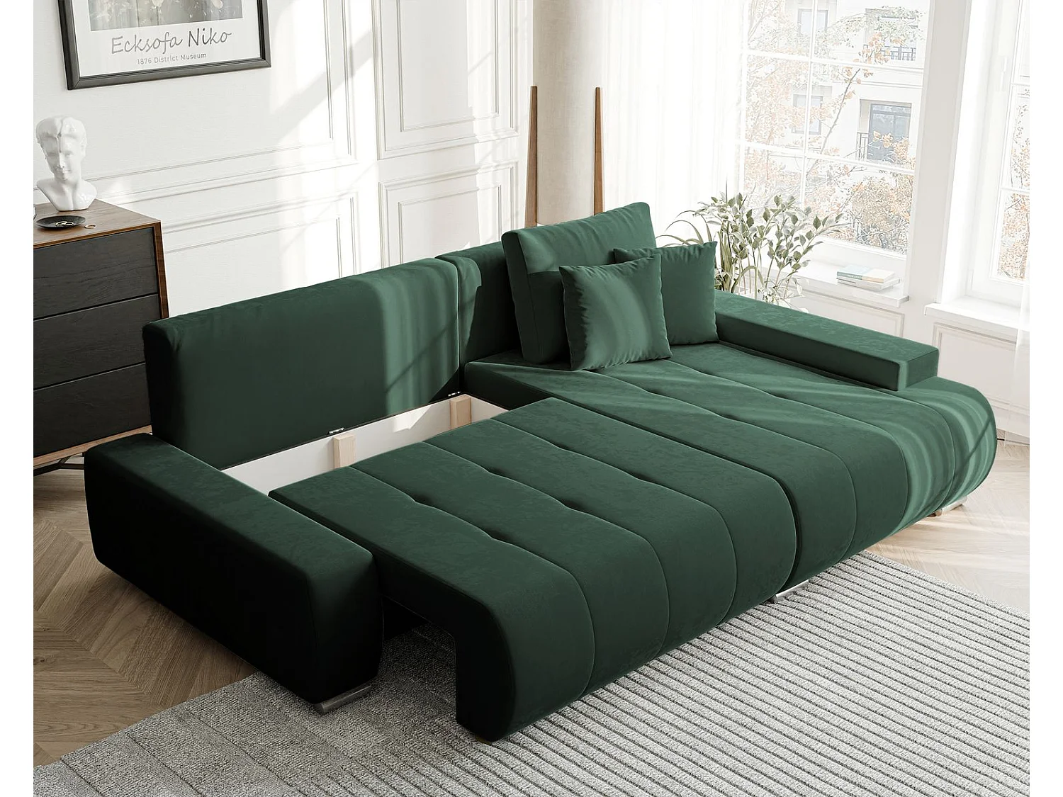 Canapé d'angle droit convertible en velours, vert bouteille