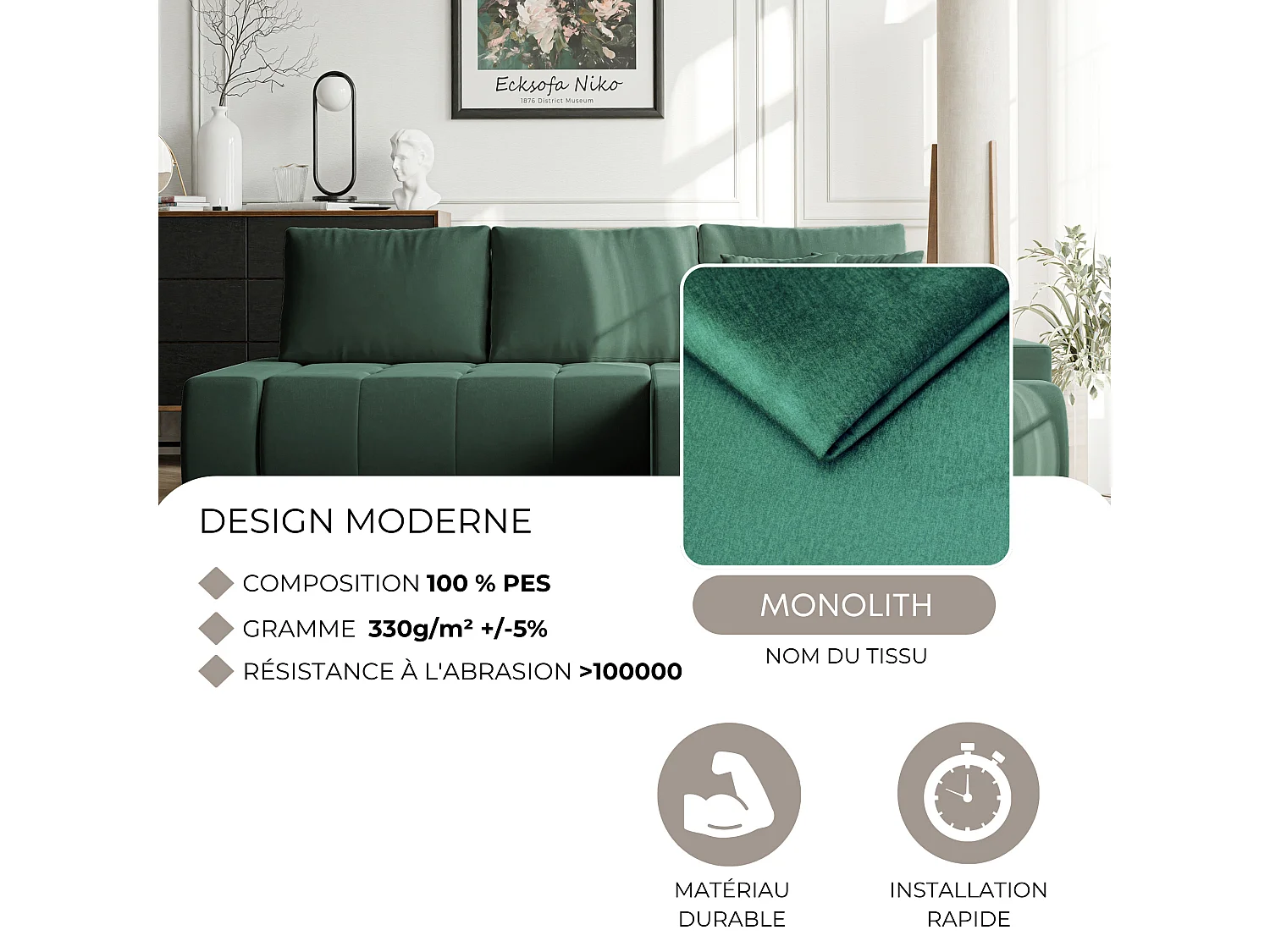 Canapé d'angle droit convertible en velours, vert bouteille