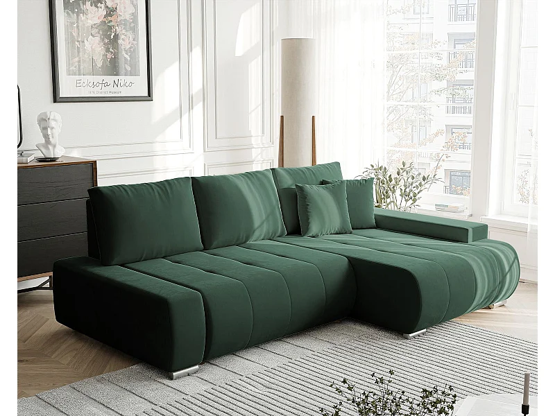 Canapé d'angle droit convertible en velours, vert bouteille