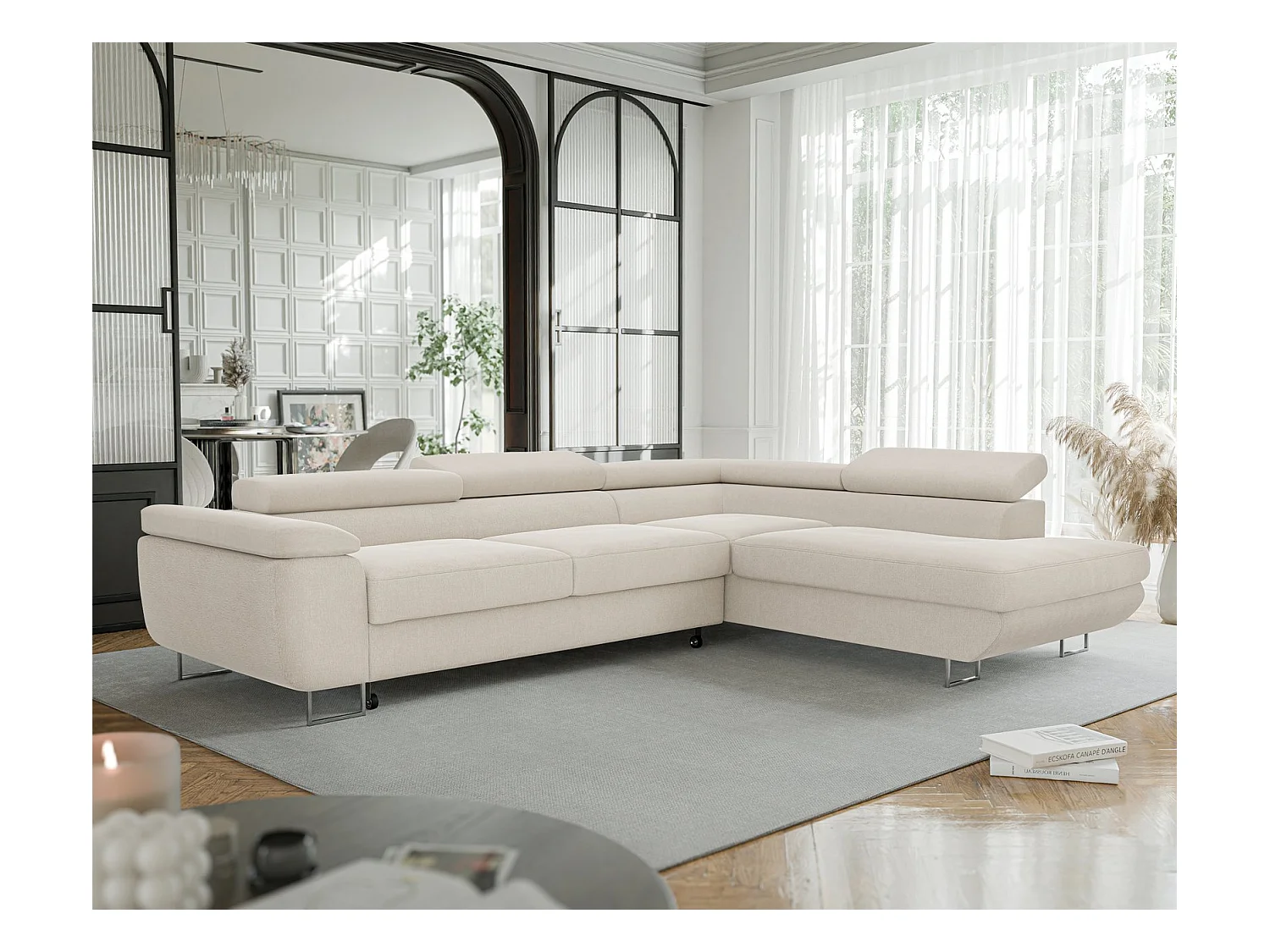 Canapé d'angle droit convertible en tissu beige