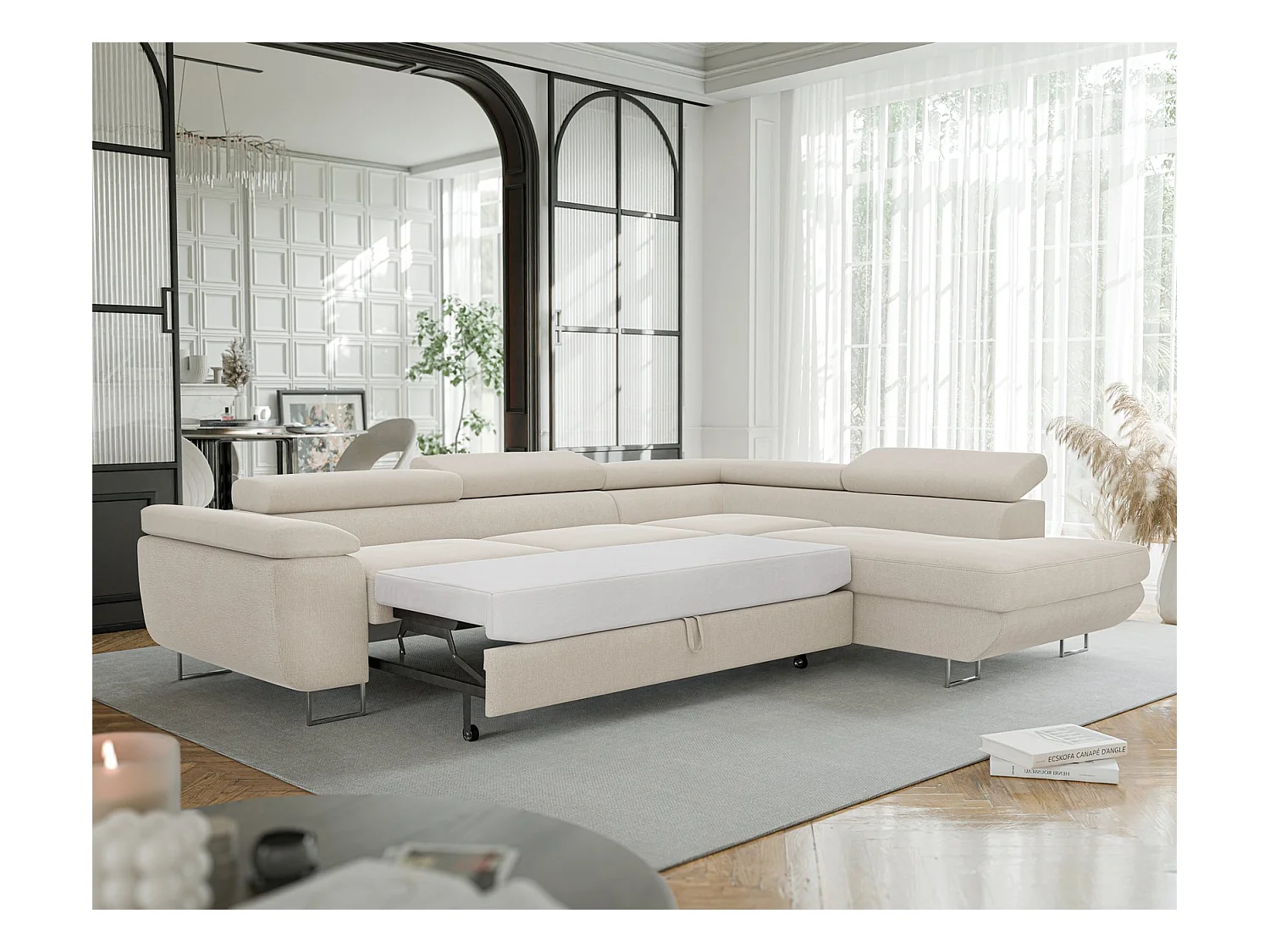 Canapé d'angle droit convertible en tissu beige