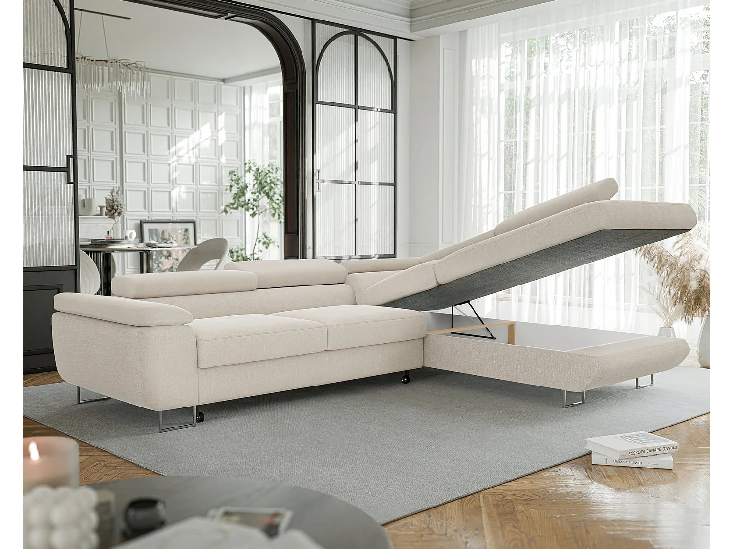 Canapé d'angle droit convertible en tissu beige