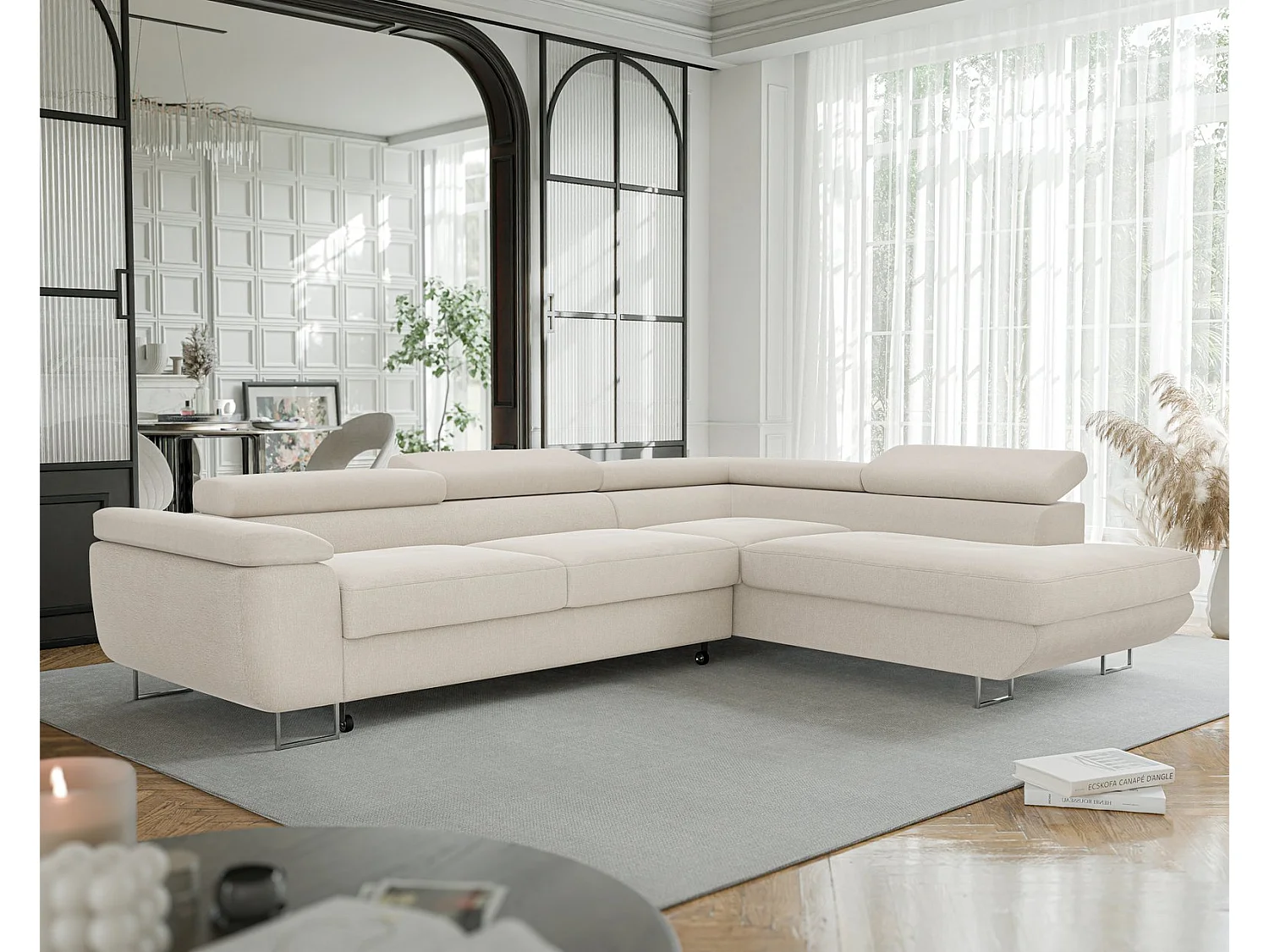 Canapé d'angle droit convertible en tissu beige