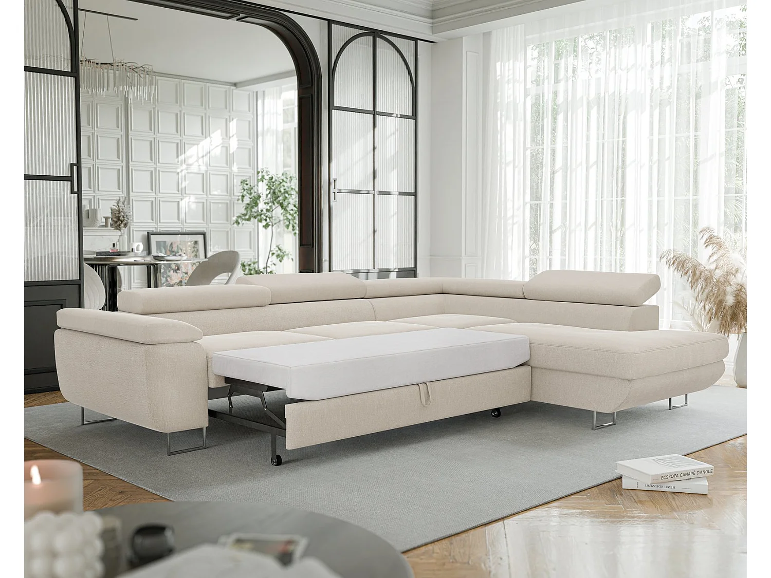 Canapé d'angle droit convertible en tissu beige