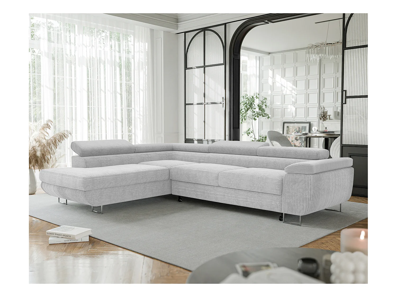 Canapé d'angle gauche convertible en tissu gris clair