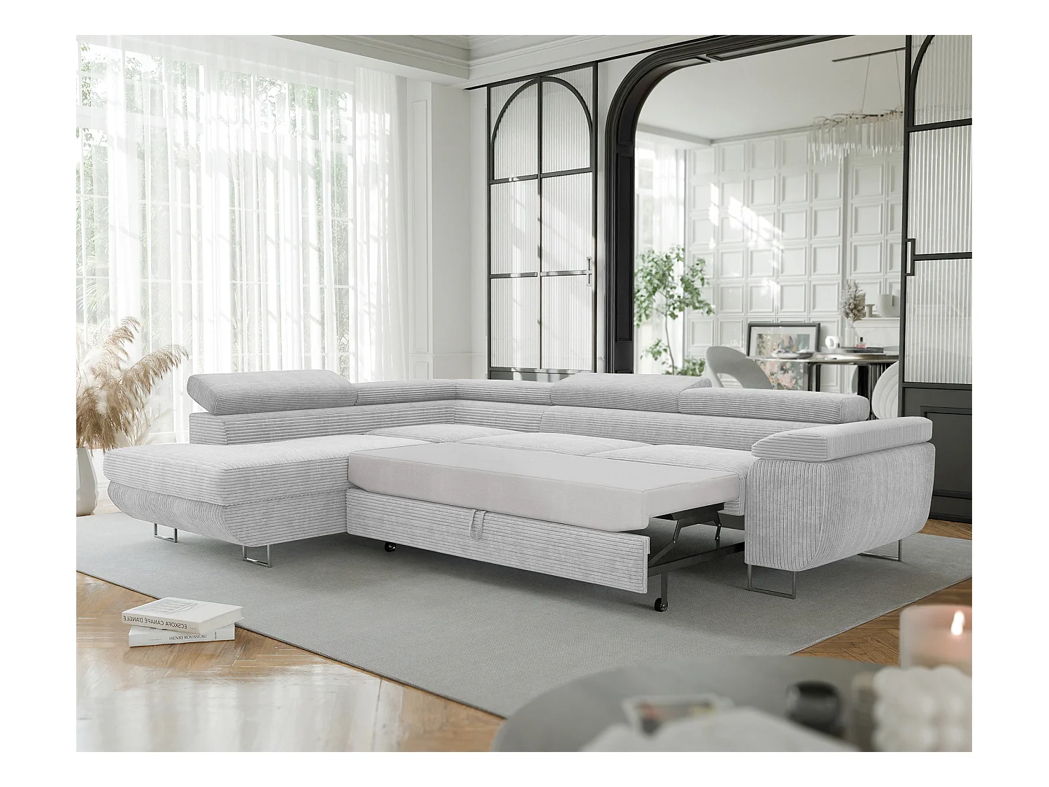 Canapé d'angle gauche convertible en tissu gris clair