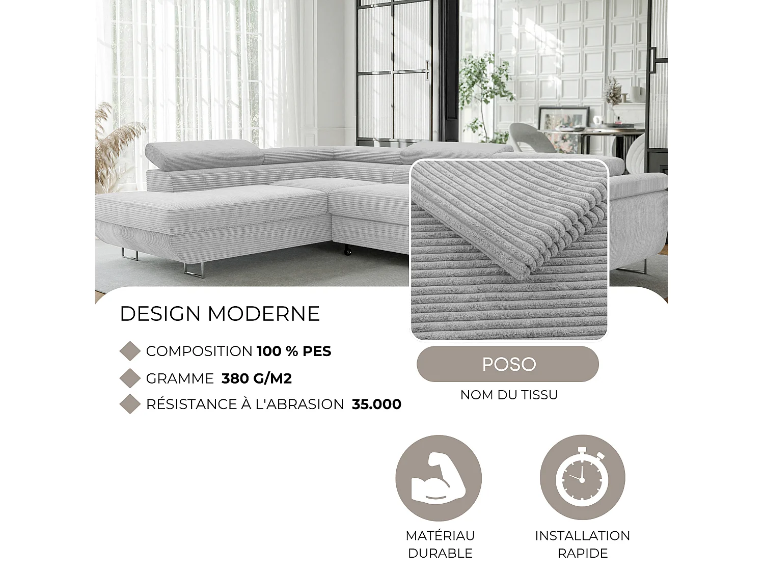 Canapé d'angle gauche convertible en tissu gris clair