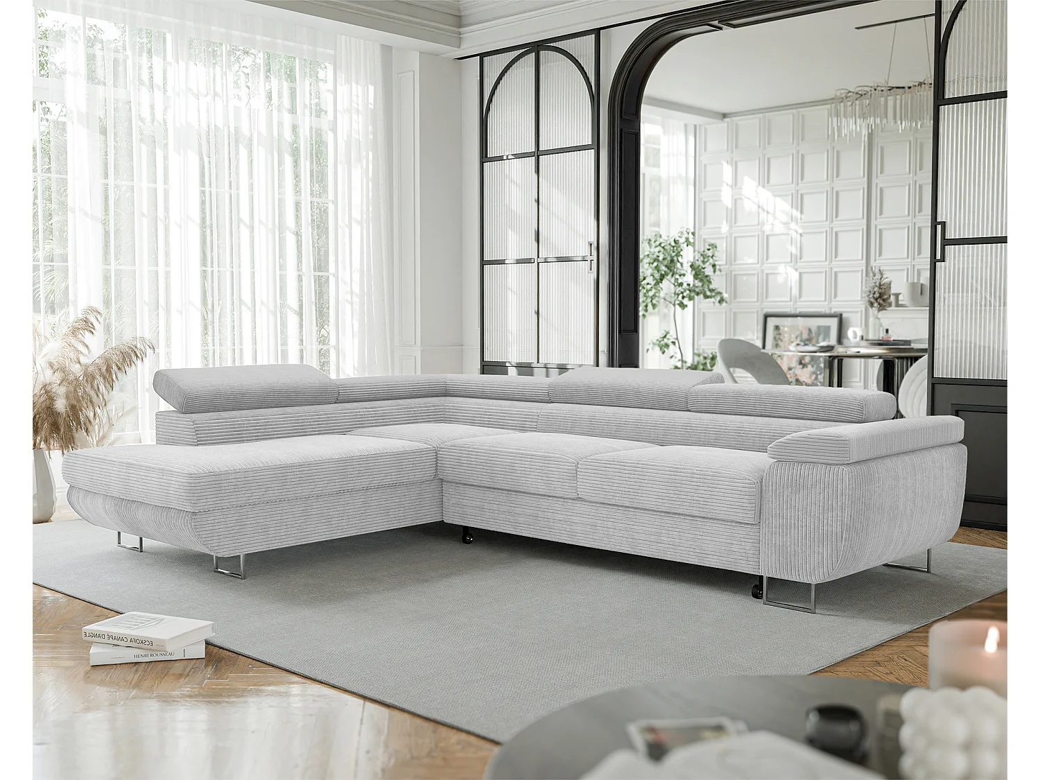 Canapé d'angle gauche convertible en tissu gris clair