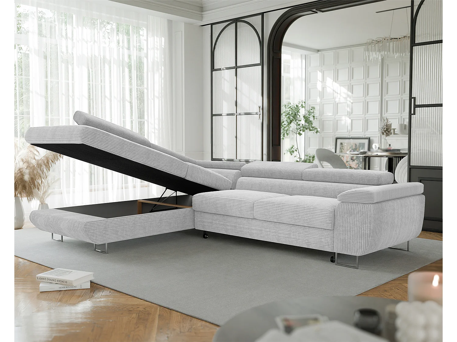 Canapé d'angle gauche convertible en tissu gris clair