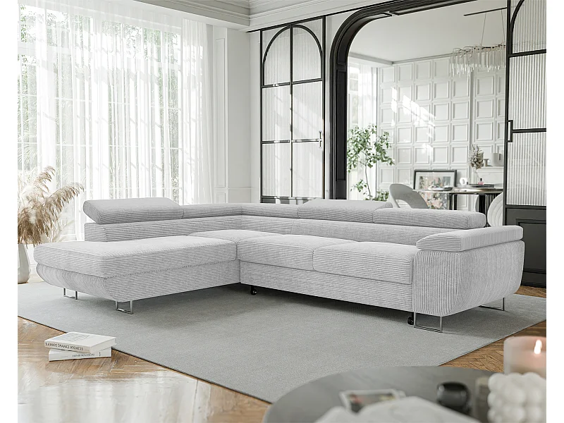 Canapé d'angle gauche convertible en tissu gris clair