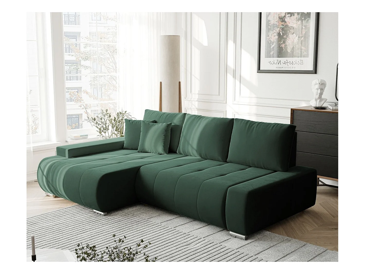 Canapé d'angle gauche convertible en velours, vert bouteille