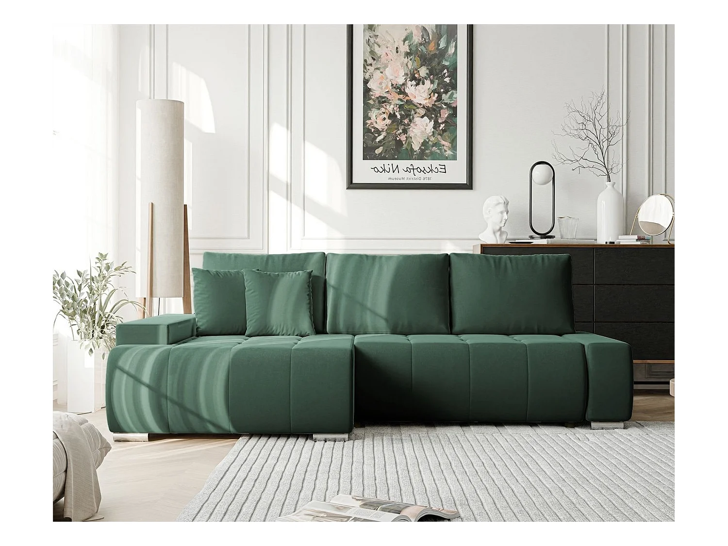 Canapé d'angle gauche convertible en velours, vert bouteille