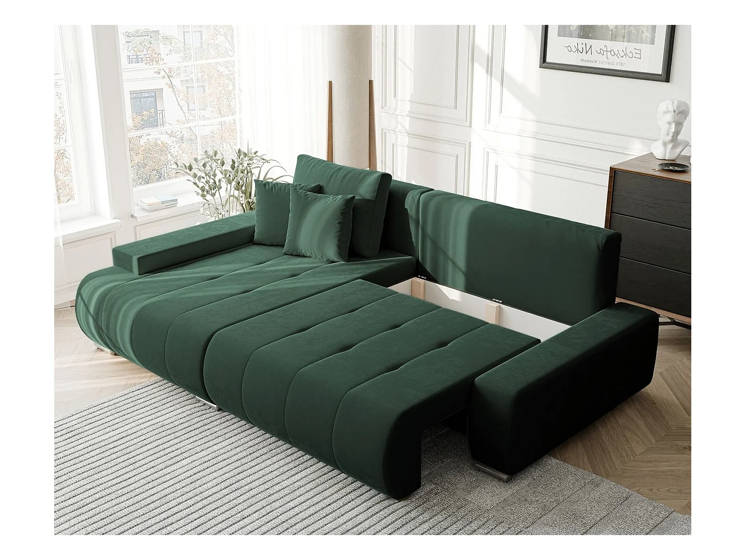 Canapé d'angle gauche convertible en velours, vert bouteille