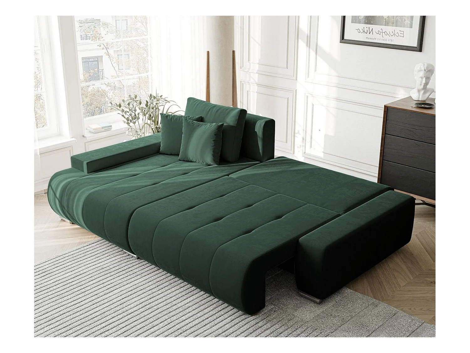 Canapé d'angle gauche convertible en velours, vert bouteille