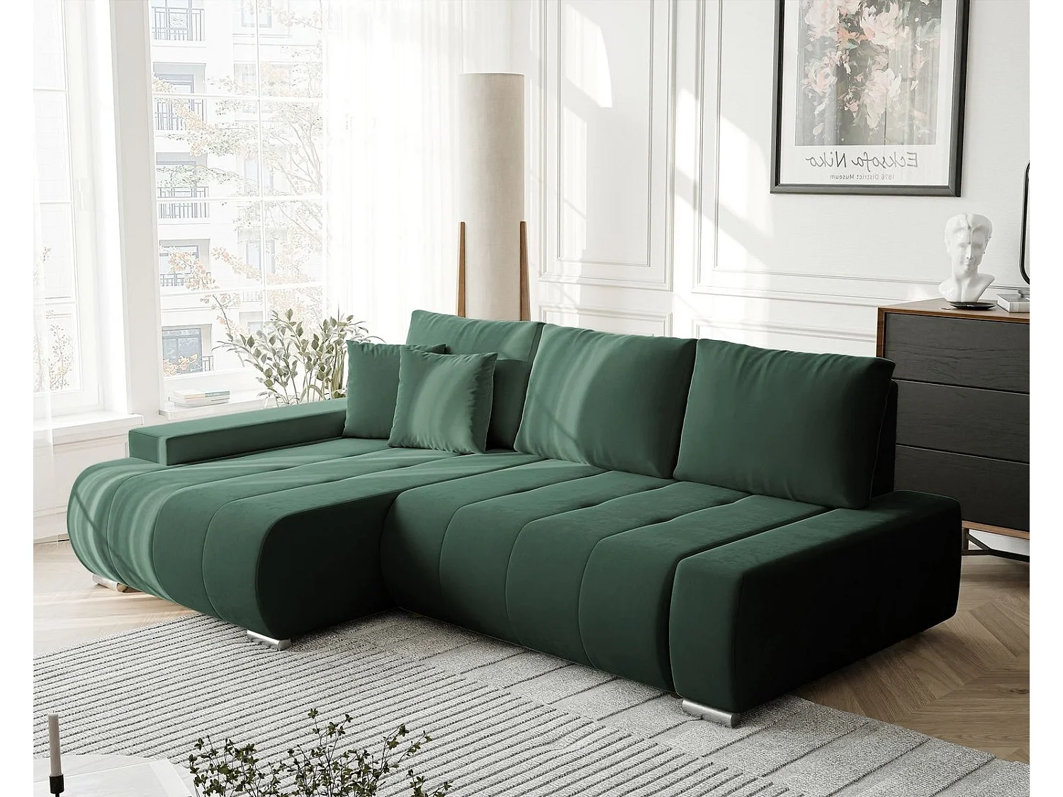 Canapé d'angle gauche convertible en velours, vert bouteille