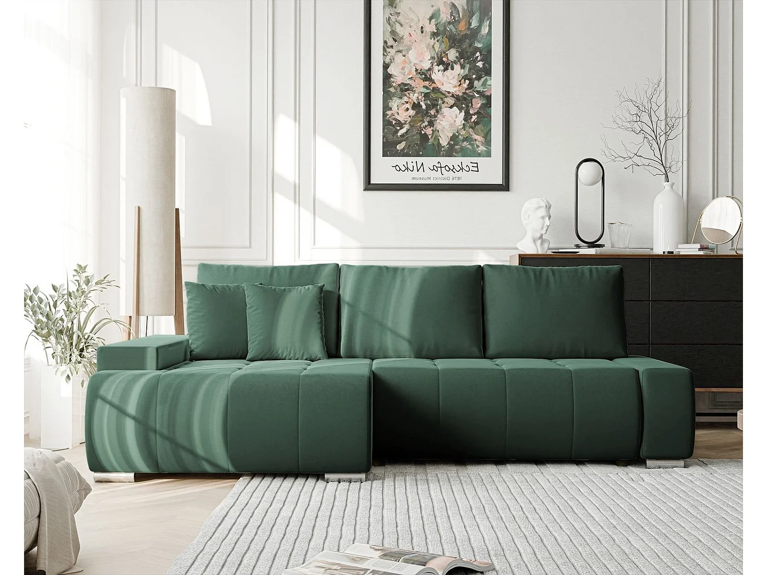 Canapé d'angle gauche convertible en velours, vert bouteille