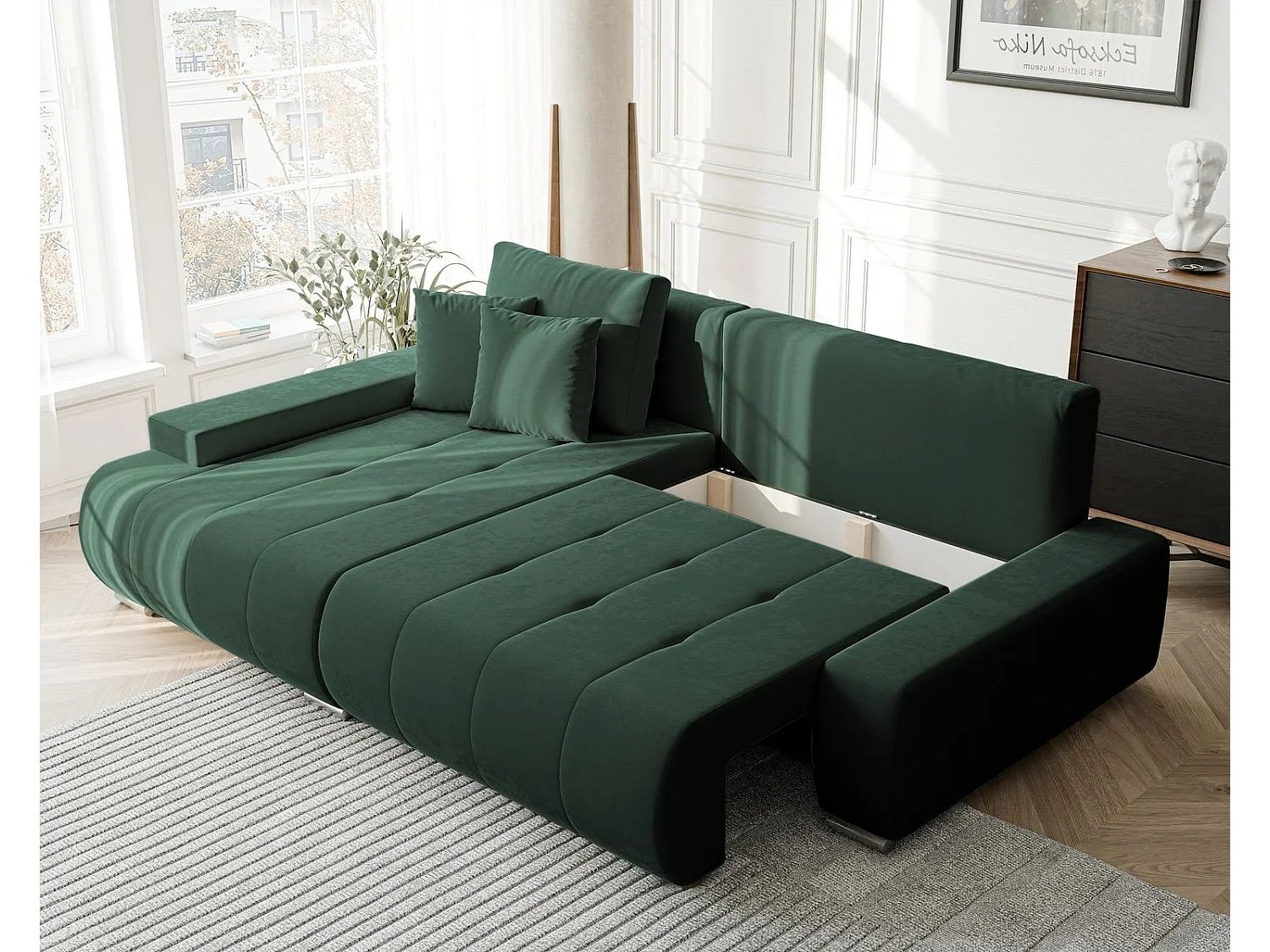 Canapé d'angle gauche convertible en velours, vert bouteille