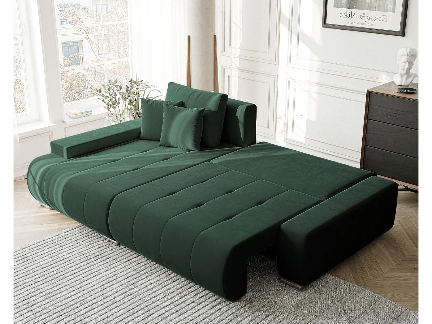 Canapé d'angle gauche convertible en velours, vert bouteille