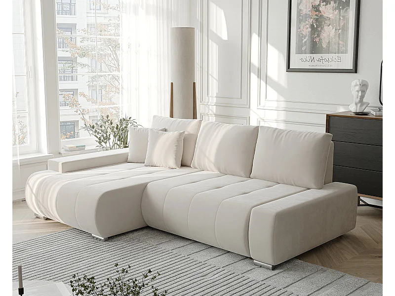 Canapé d'angle gauche convertible en velours, crème