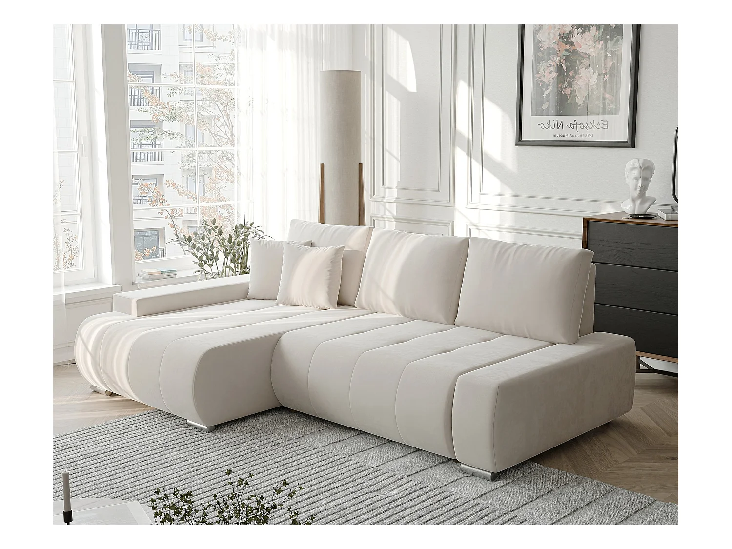 Canapé d'angle gauche convertible en velours, crème