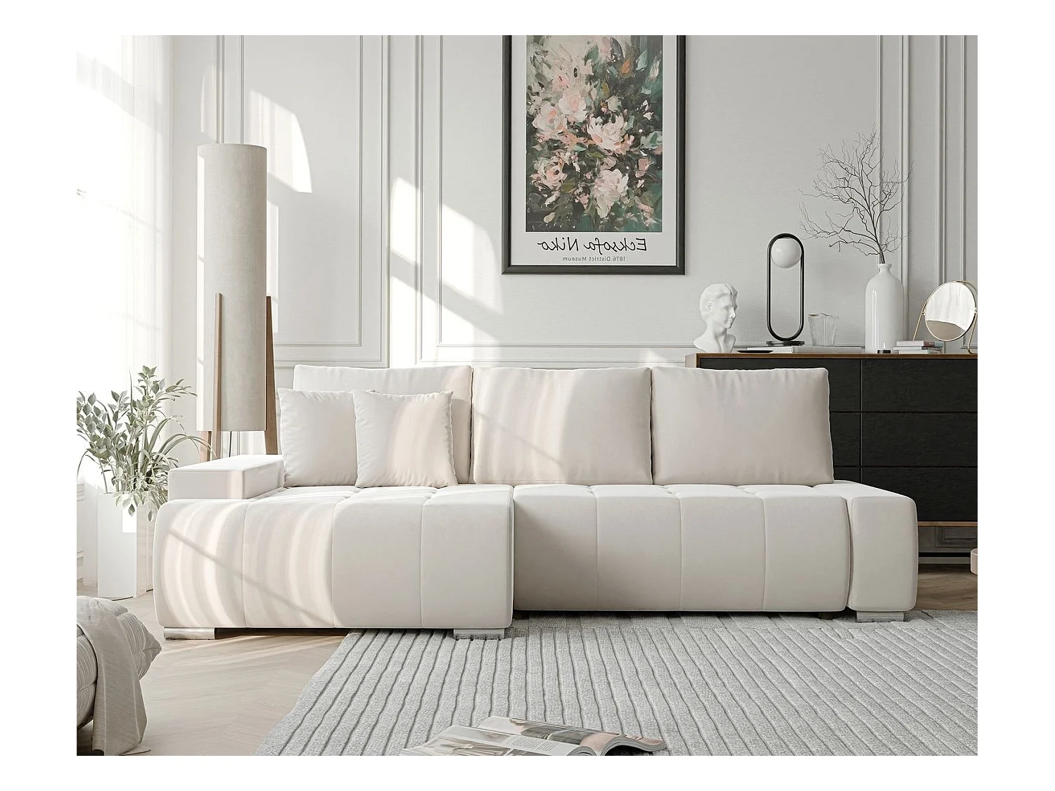 Canapé d'angle gauche convertible en velours, crème