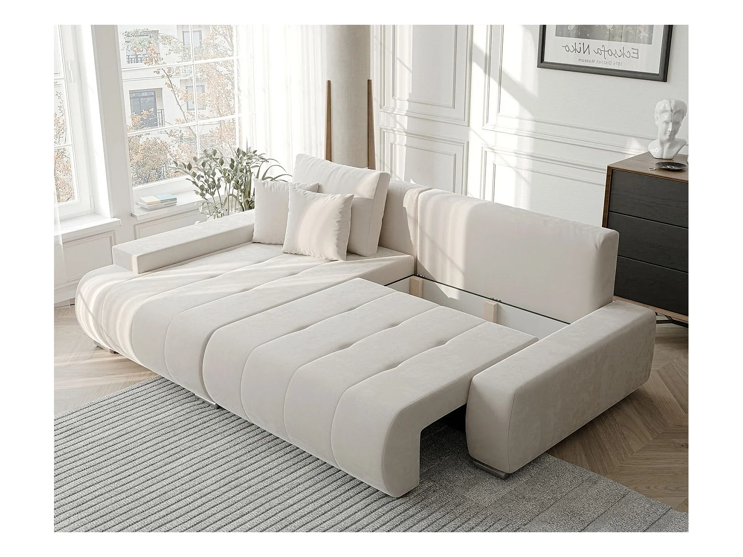 Canapé d'angle gauche convertible en velours, crème