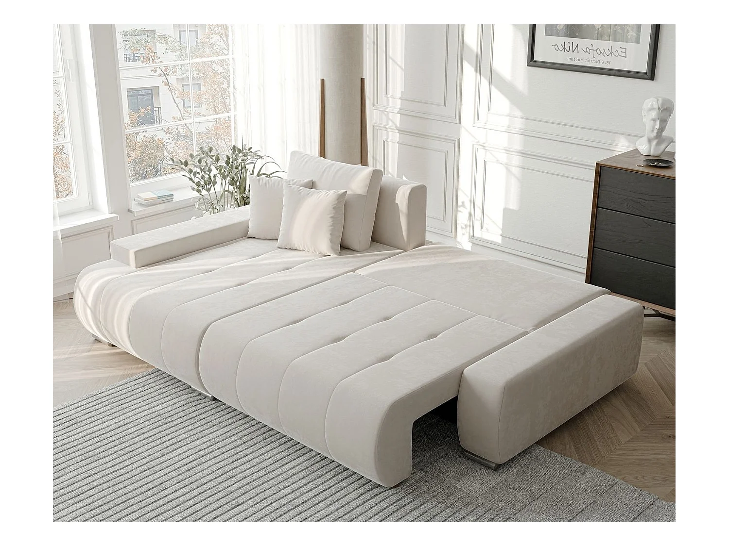 Canapé d'angle gauche convertible en velours, crème