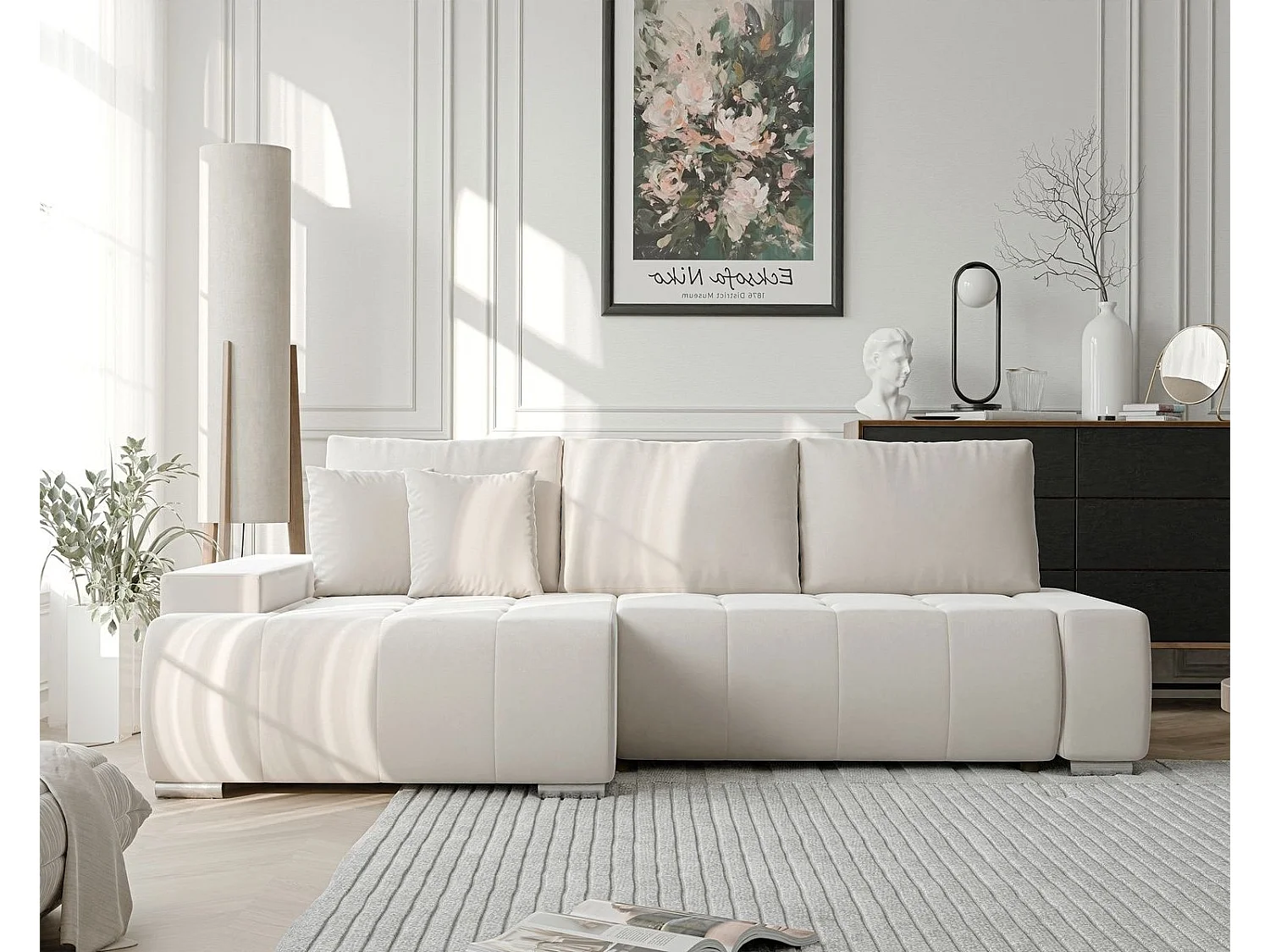 Canapé d'angle gauche convertible en velours, crème