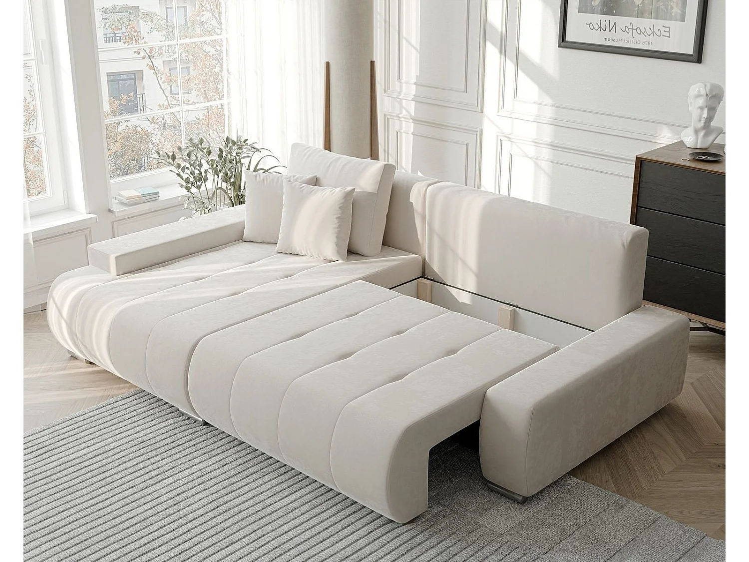 Canapé d'angle gauche convertible en velours, crème