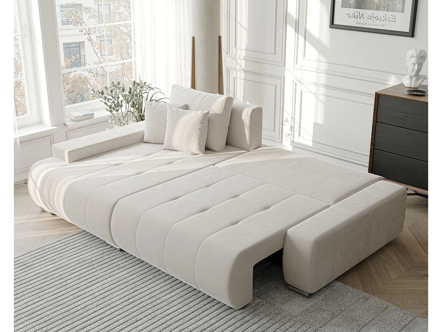 Canapé d'angle gauche convertible en velours, crème