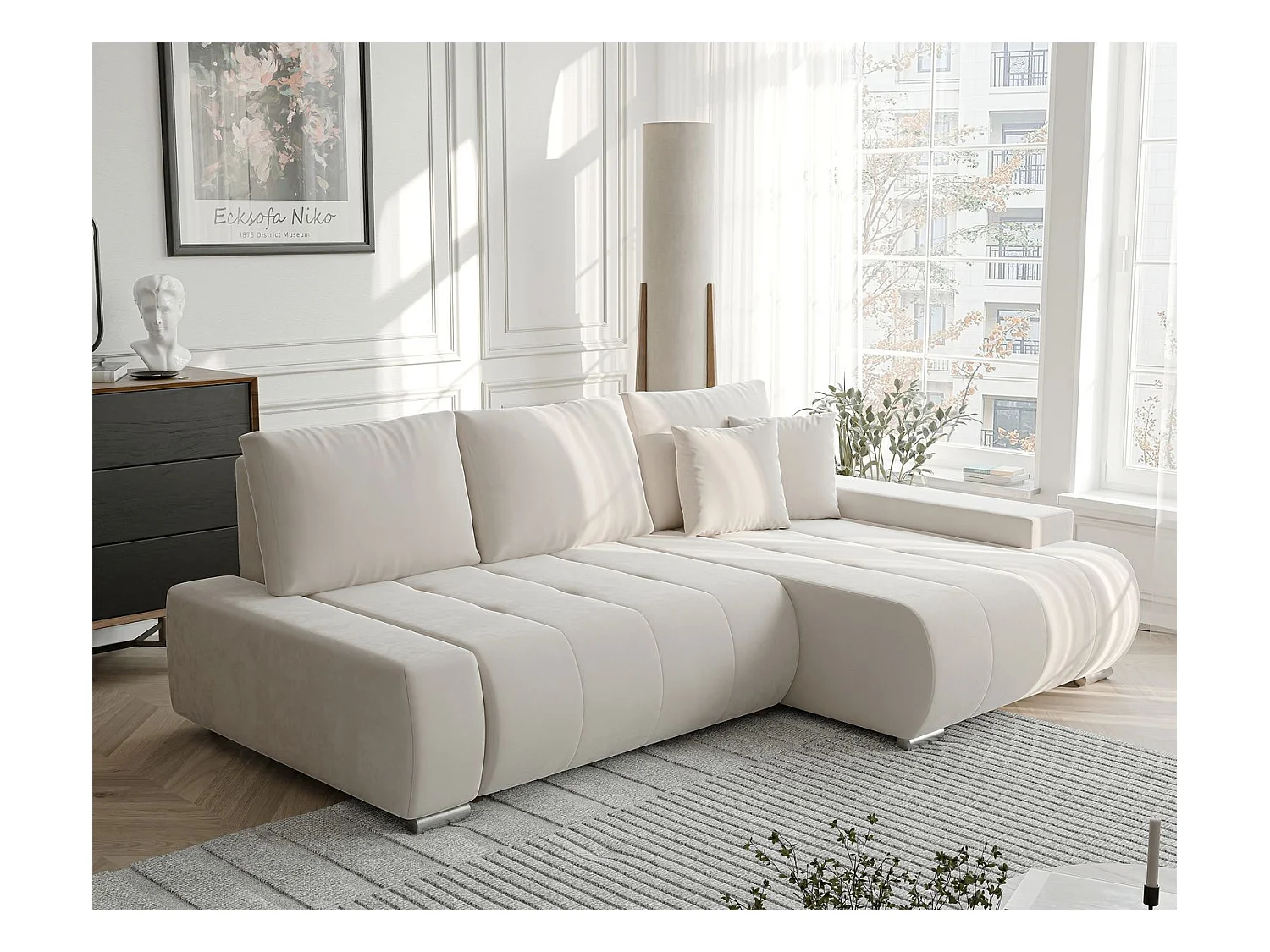 Canapé d'angle droit convertible en velours, crème