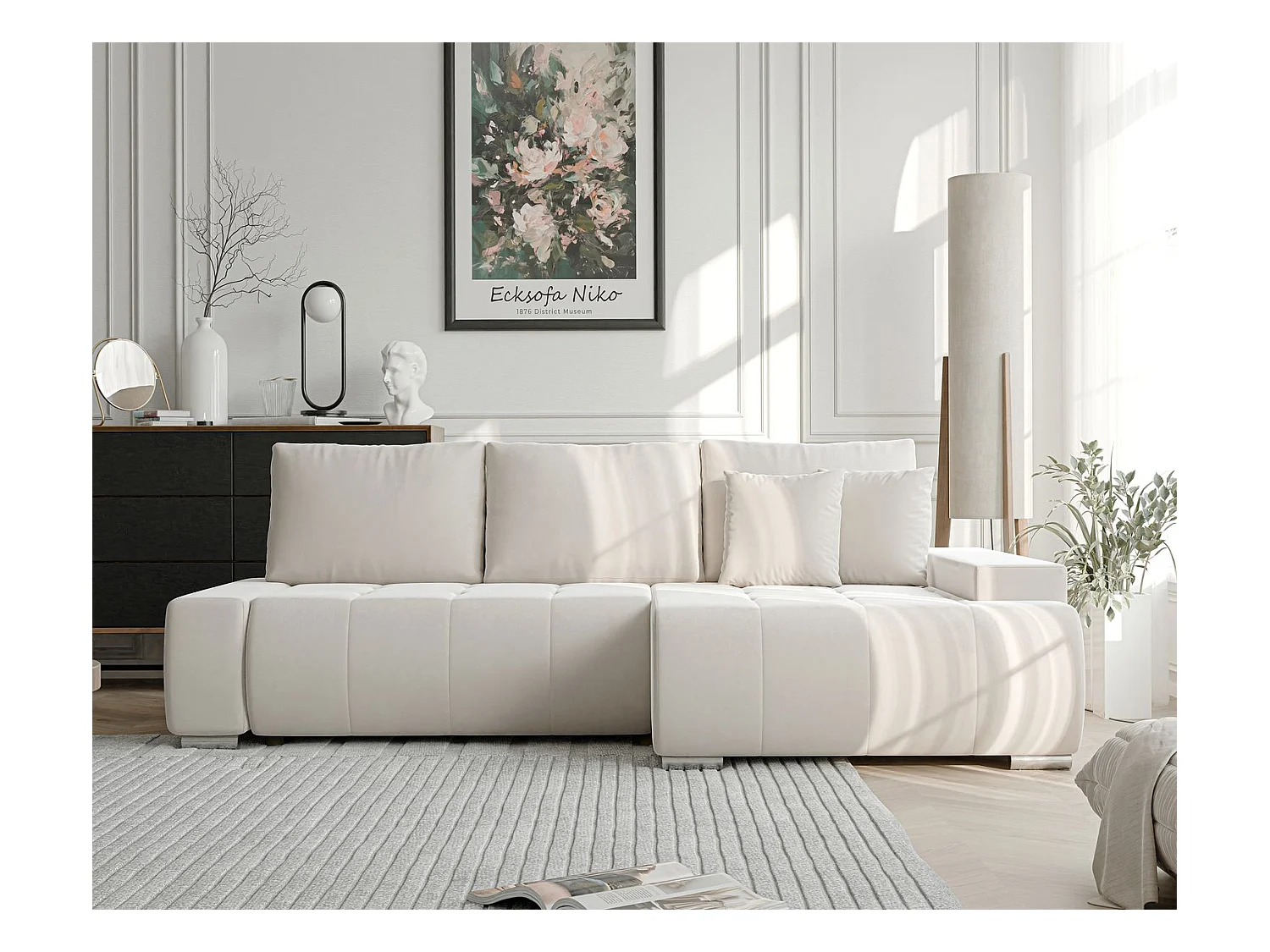 Canapé d'angle droit convertible en velours, crème