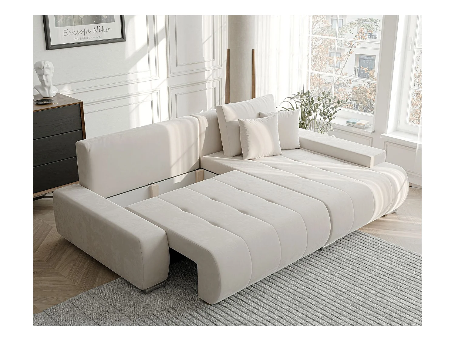 Canapé d'angle droit convertible en velours, crème