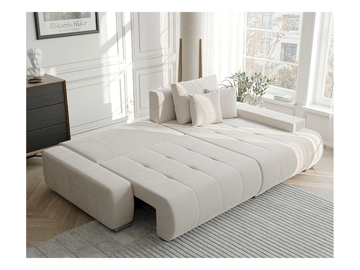 Canapé d'angle droit convertible en velours, crème