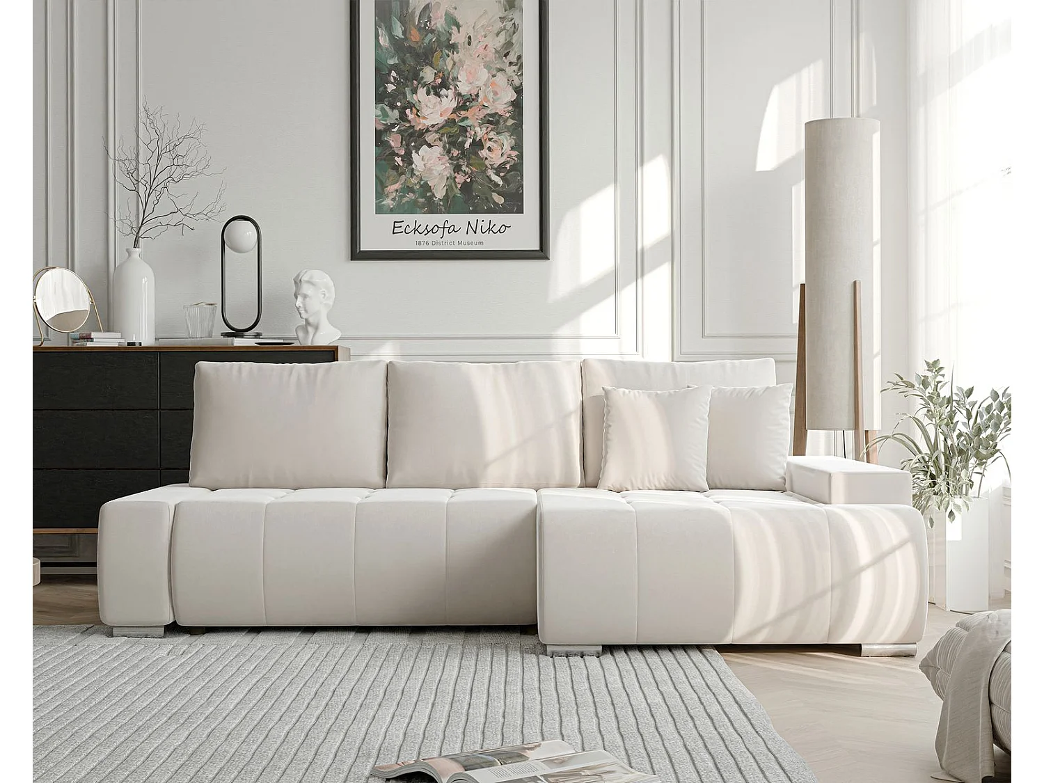 Canapé d'angle droit convertible en velours, crème