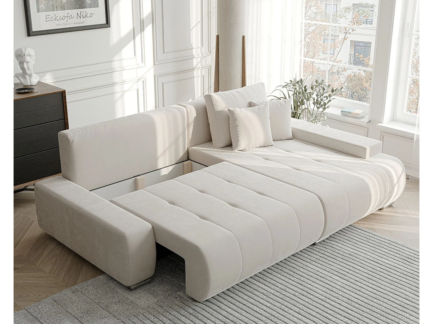 Canapé d'angle droit convertible en velours, crème