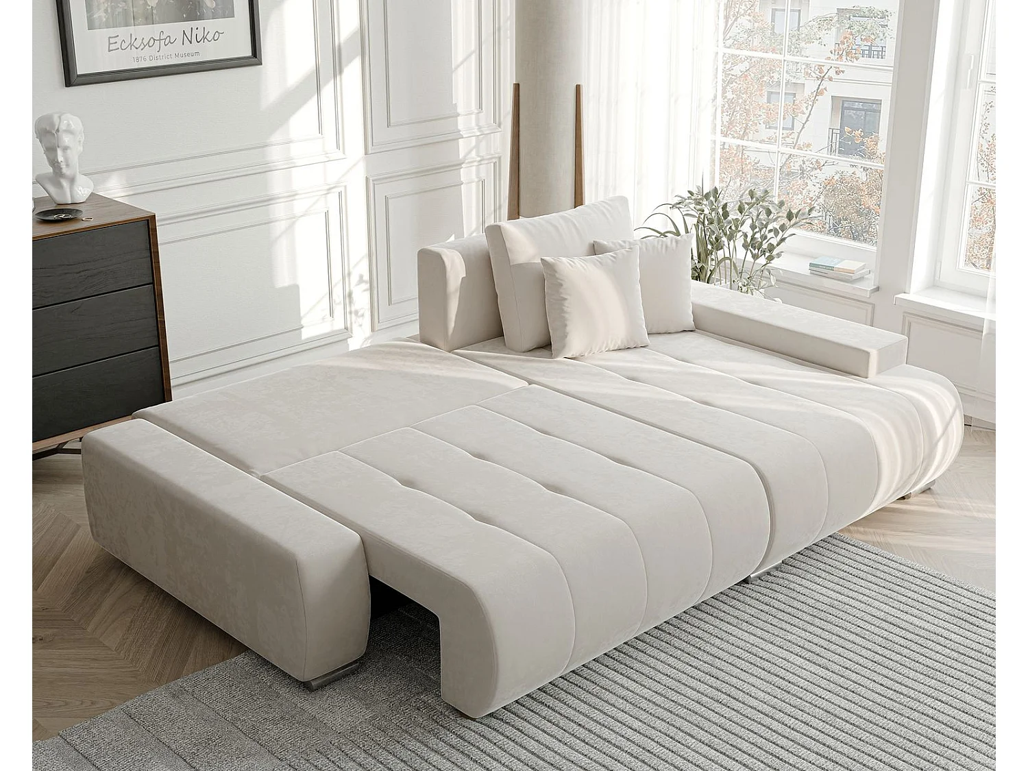 Canapé d'angle droit convertible en velours, crème