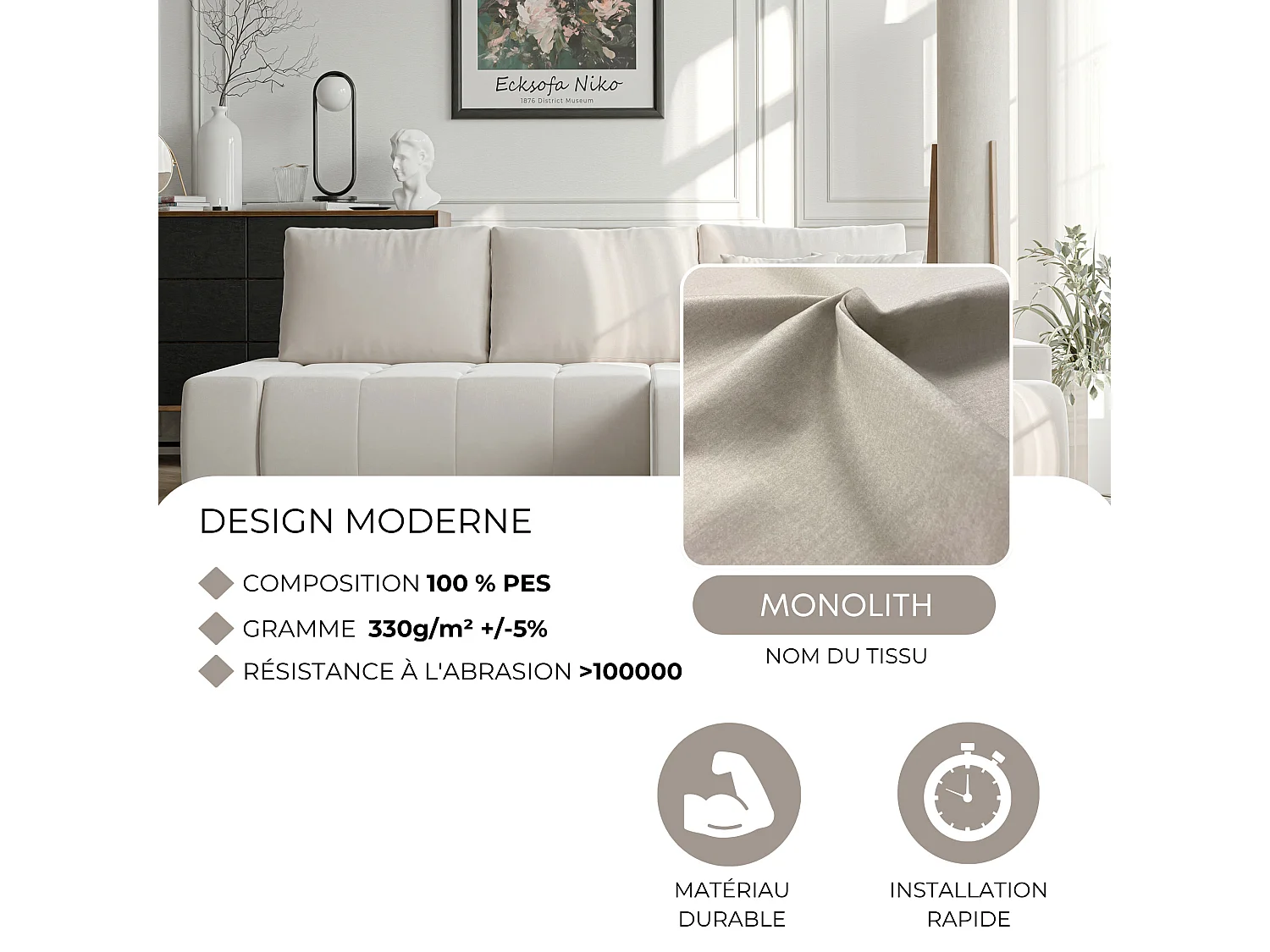 Canapé d'angle droit convertible en velours, crème