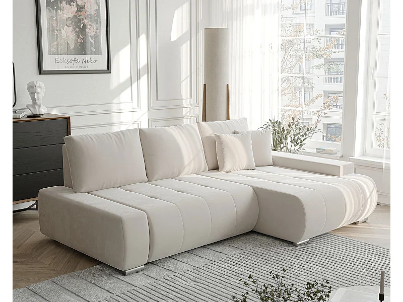 Canapé d'angle droit convertible en velours, crème