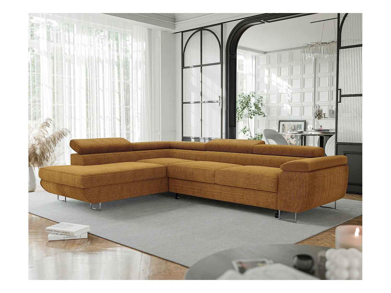 Canapé d'angle gauche convertible en tissu jaune moutarde