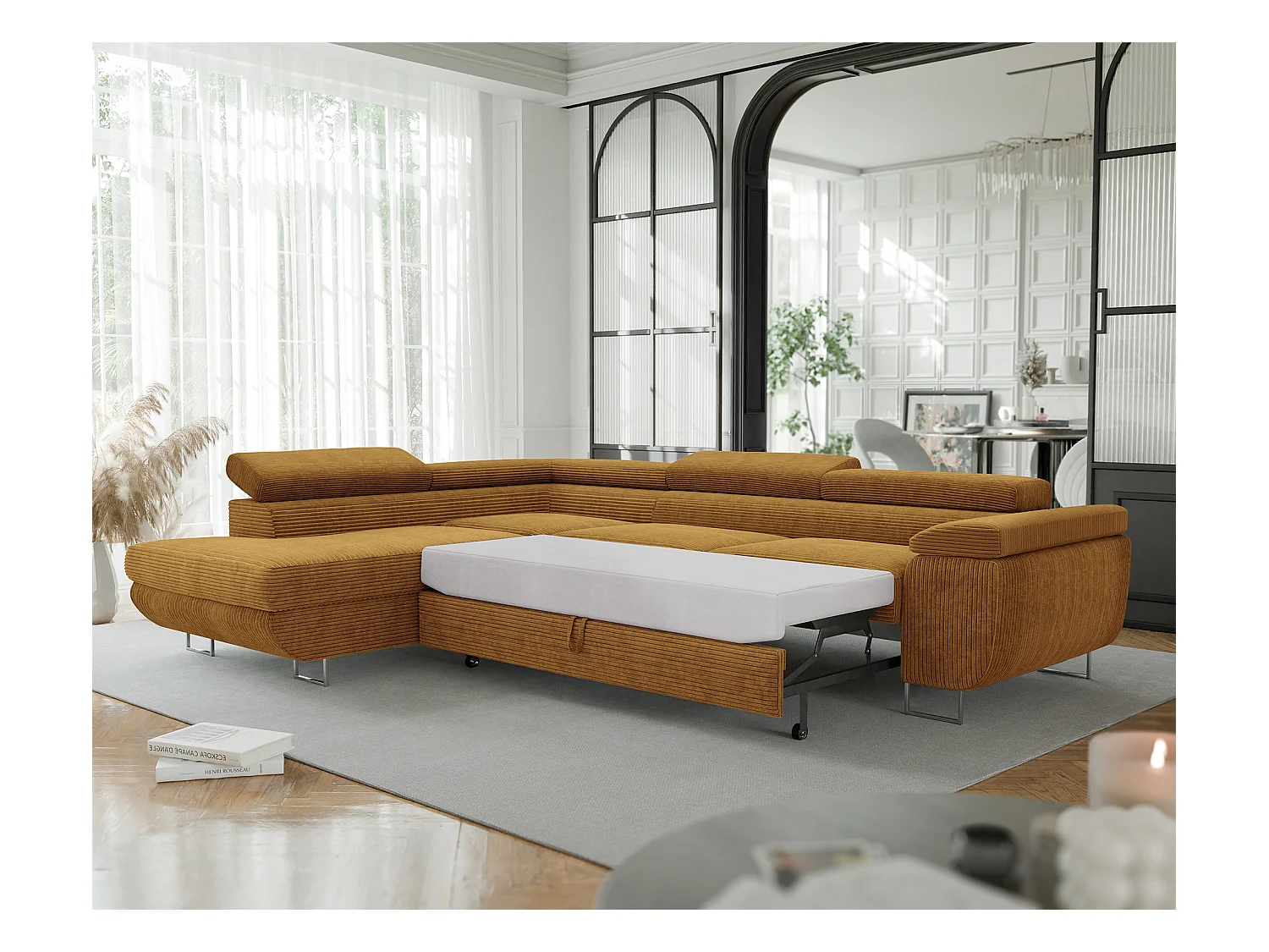 Canapé d'angle gauche convertible en tissu jaune moutarde