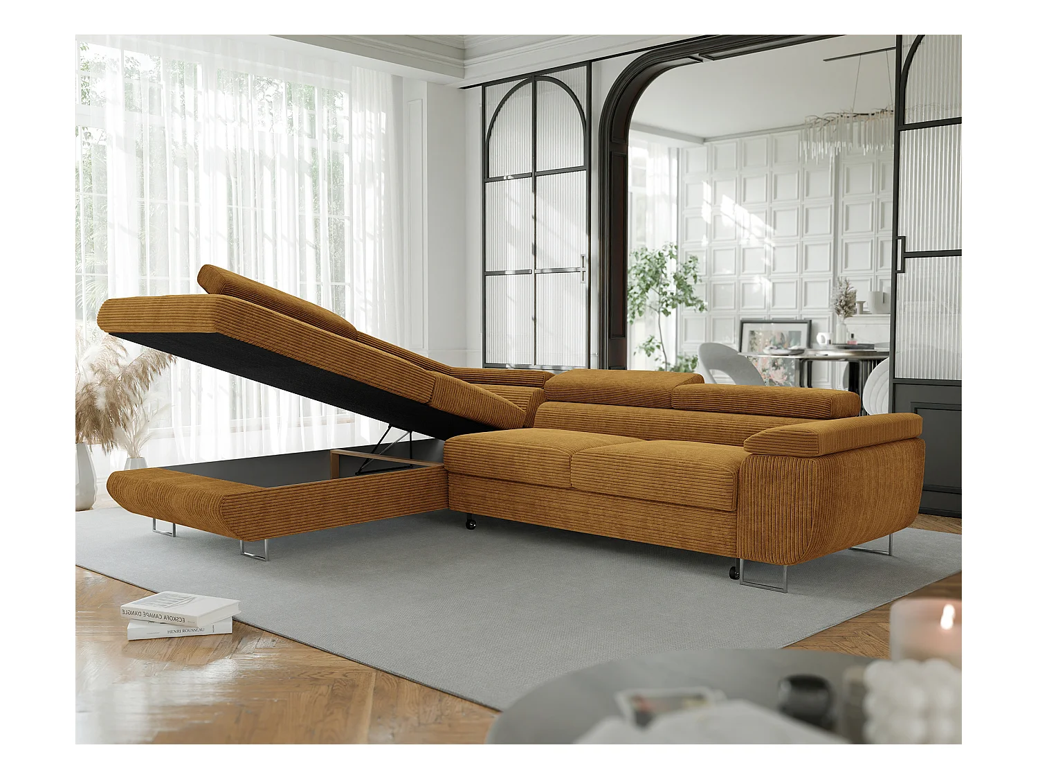 Canapé d'angle gauche convertible en tissu jaune moutarde