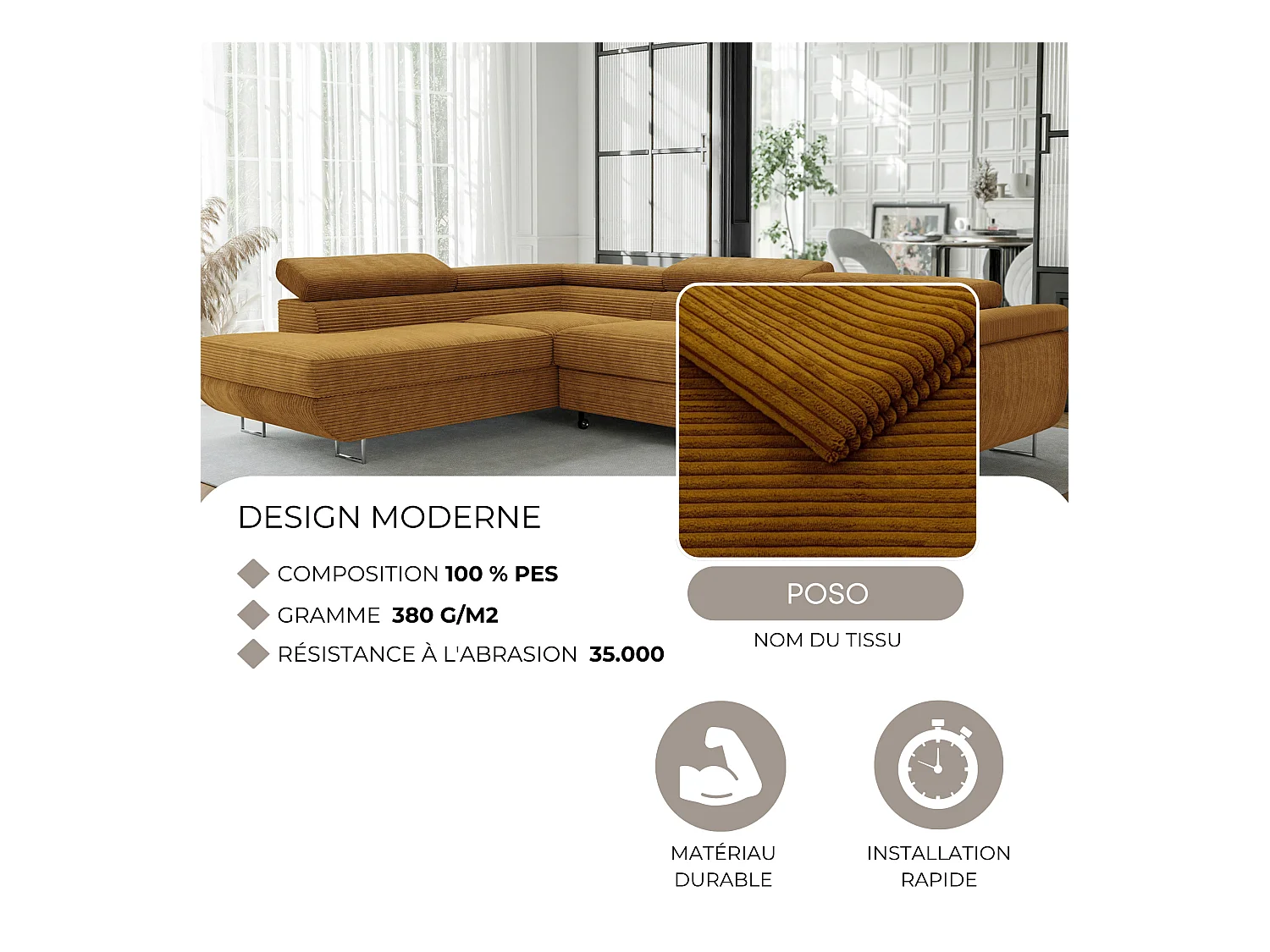 Canapé d'angle gauche convertible en tissu jaune moutarde