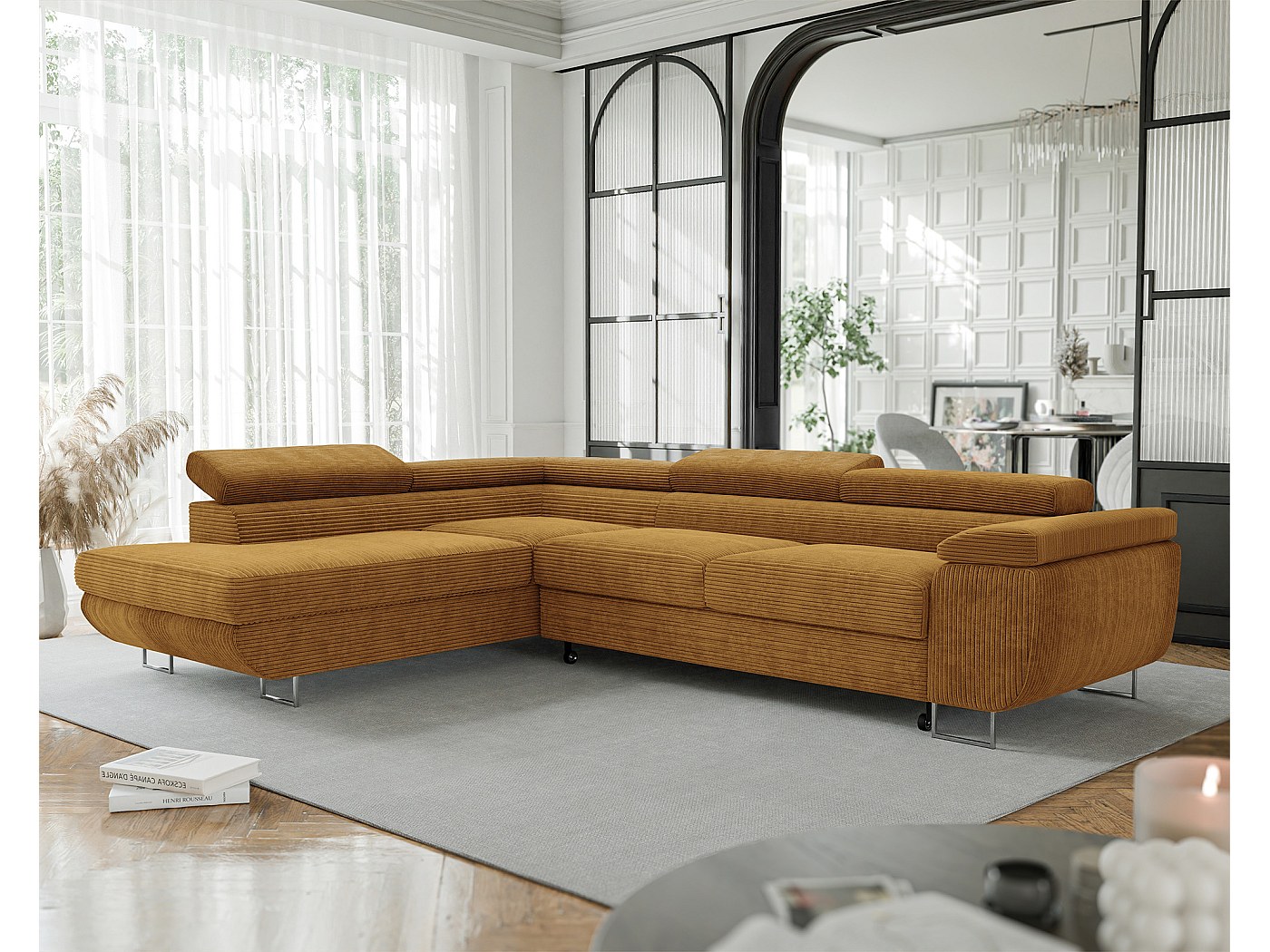Canapé d'angle gauche convertible en tissu jaune moutarde